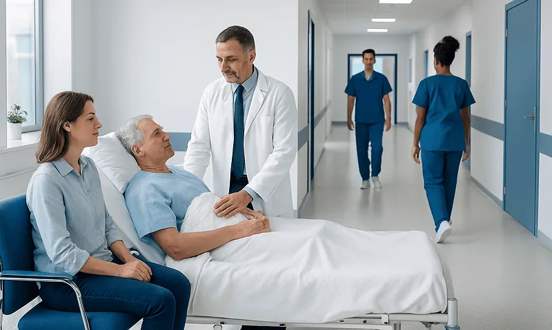 Doctor consulting with elderly patient in hospital room with visitors.