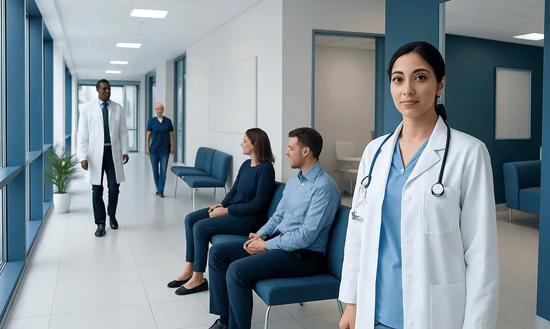Healthcare professionals and patients in a modern hospital corridor.