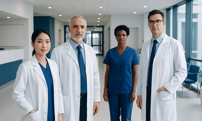 Diverse medical team in hospital corridor with modern design and large windows.