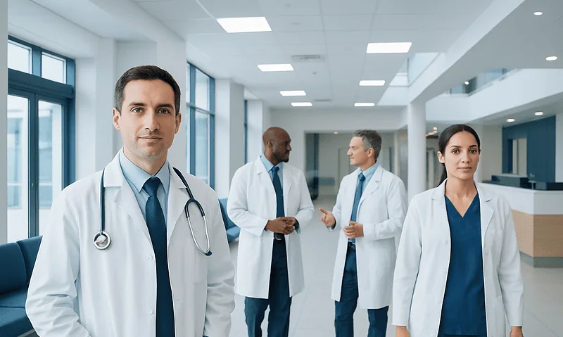 Group of doctors in hospital corridor discussing patient care.