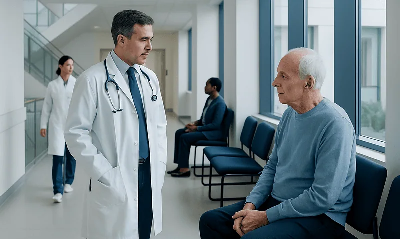 Doctor consulting elderly patient in hospital corridor with other staff in background.
