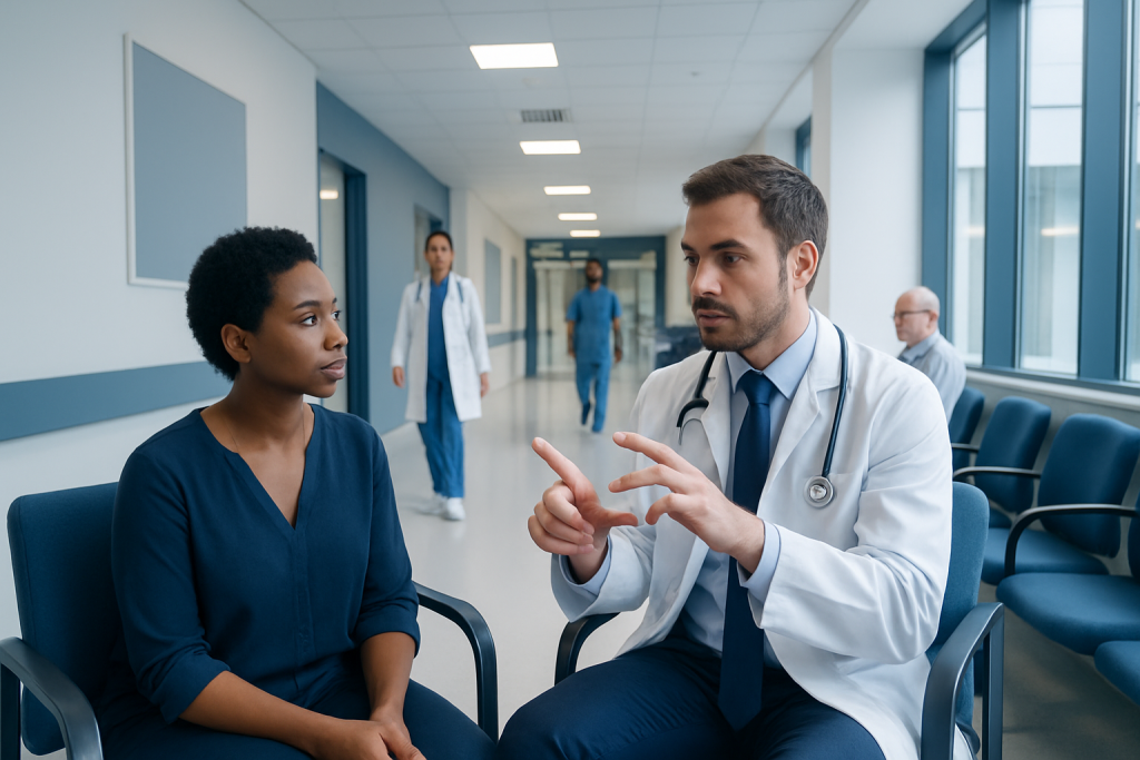 What Is Scissoring? A Doctor-Reviewed Answer 1 Doctor consulting a patient in a hospital corridor with medical staff in background.