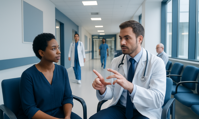 Doctor consulting a patient in a hospital corridor with medical staff in background.