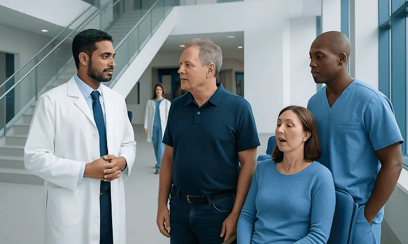 Doctors and patient discussing in hospital corridor for sleep disorder diagnosis.