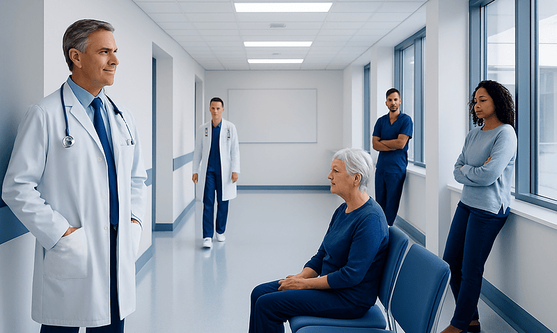 Medical team discussing patient care in hospital corridor at Acibadem Hospitals Group.