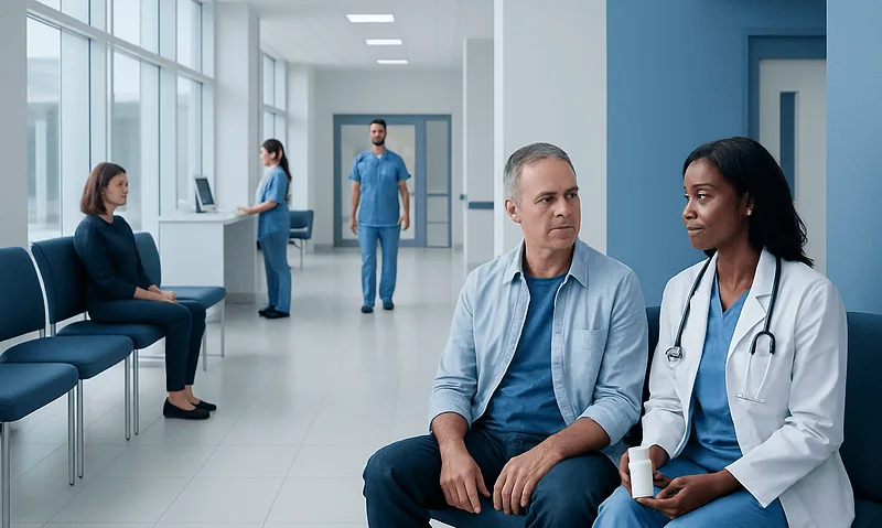 Hospital waiting area with patients and medical staff.