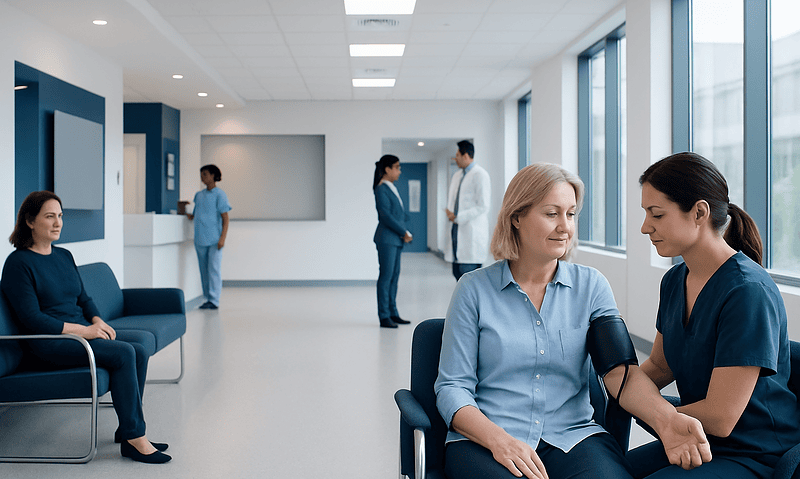 Healthcare professionals in a hospital waiting area with a patient having her blood pressure checked.