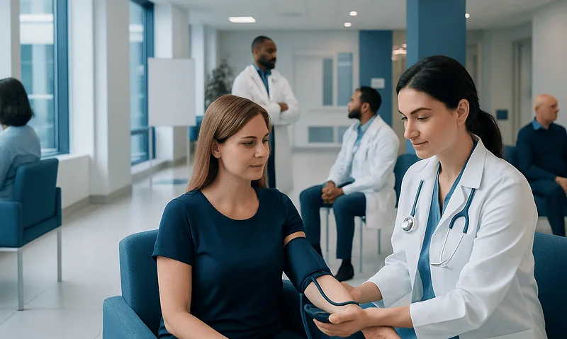 Doctor measuring patient's blood pressure in a hospital setting.