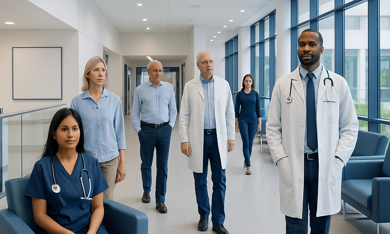 Medical team in hospital corridor with doctor and nurses.