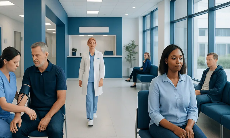 Patients waiting in a hospital lobby with medical staff present.