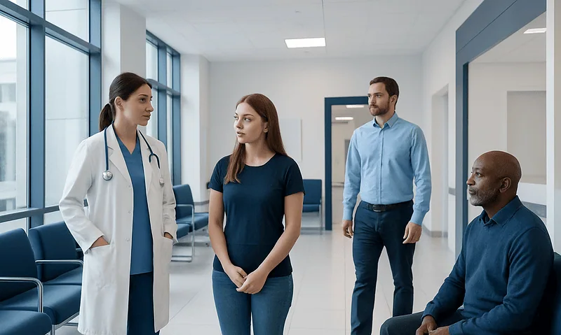 Medical consultation with healthcare professionals in a hospital corridor.