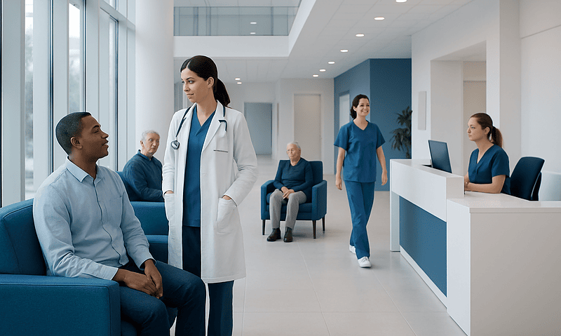Healthcare professionals and patients in a modern hospital waiting area.