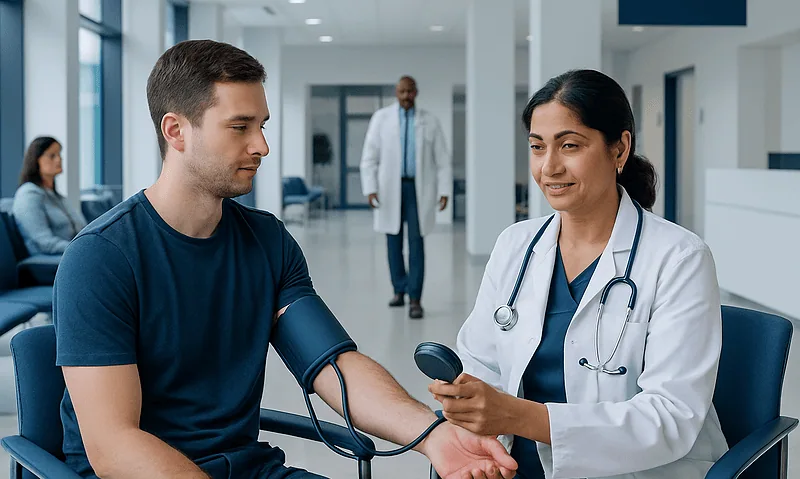 Doctor measuring blood pressure of a young male patient in hospital.