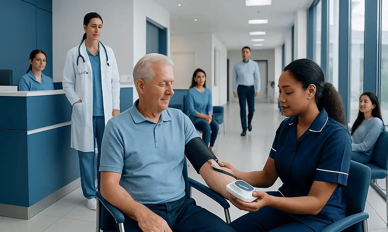 Patient having blood pressure checked by nurse in hospital corridor.