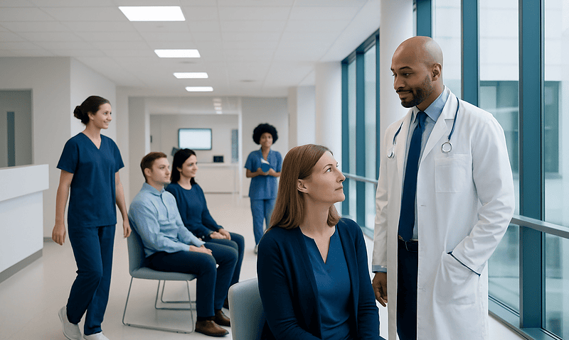 Doctor consulting a patient in a hospital corridor with medical staff in background.