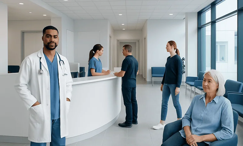 Healthcare professionals and patients in a modern hospital reception area.