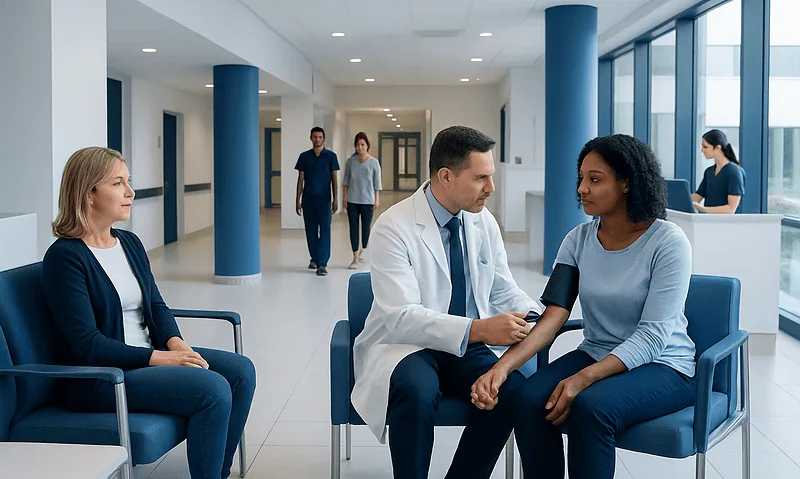 Doctor measuring blood pressure of a patient in a hospital corridor.