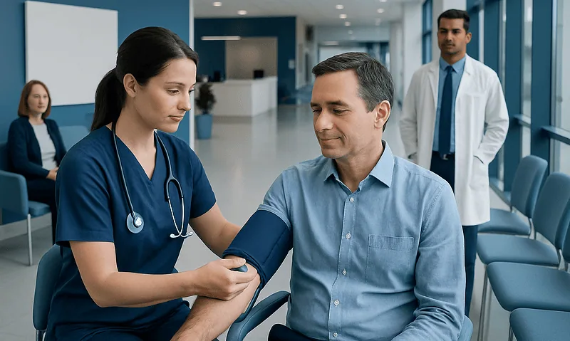 Healthcare professional measuring blood pressure of a patient in a hospital.