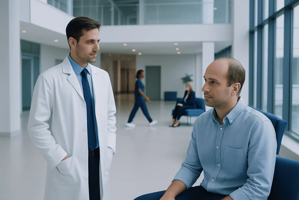 4000 Grafts Hair Transplant: Coverage, Cost Factors, and What to Expect 1 Doctor consulting with patient in modern hospital lobby.