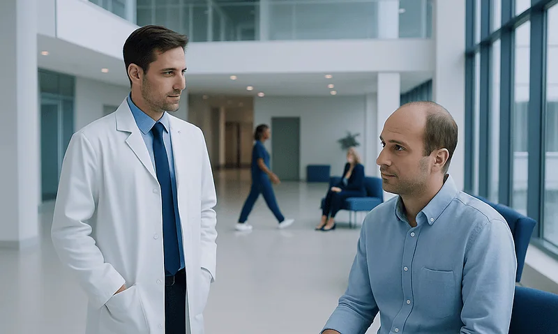 Doctor consulting with patient in modern hospital lobby.