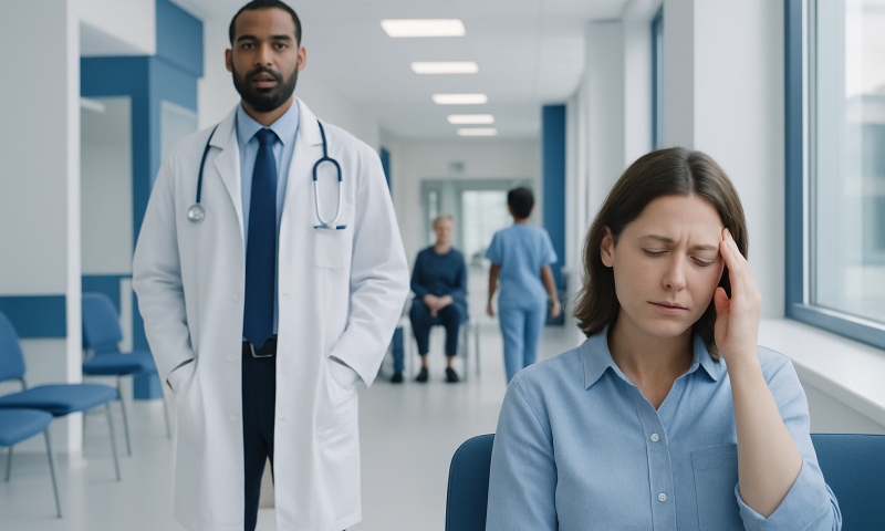 Patient with headache in hospital waiting area with doctor nearby.
