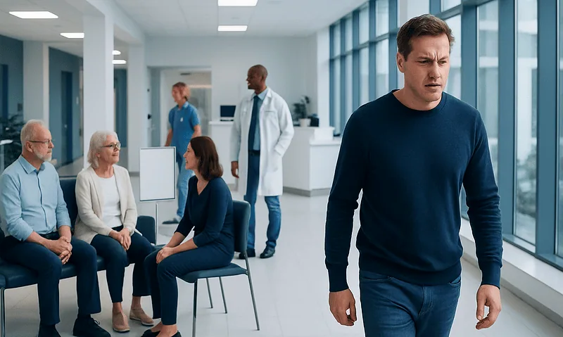 Man feeling anxious in a hospital waiting area with medical staff and patients.
