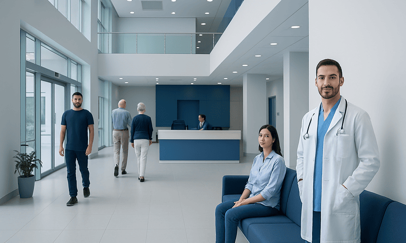 Modern hospital lobby with medical staff and patients in a bright, spacious setting.