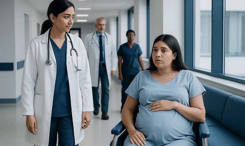 Doctor consulting pregnant woman in hospital corridor.
