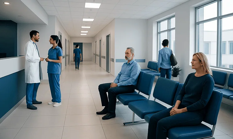 Hospital waiting area with patients and staff at Acibadem Hospitals Group.