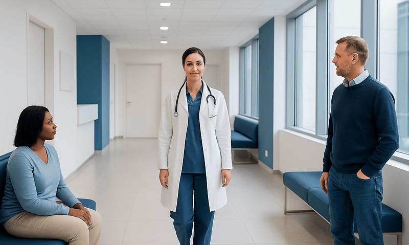 Medical professional talking to a patient in a hospital corridor.