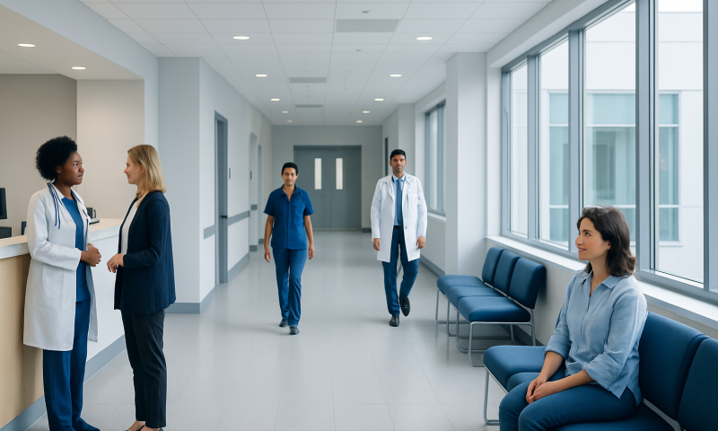 Healthcare professionals and patient in a modern hospital corridor.