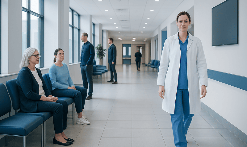 Healthcare professional walking in hospital corridor with patients seated.