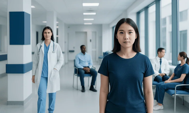 Diverse medical team in hospital corridor with patient.