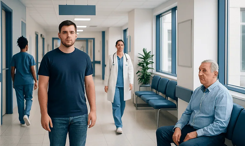 Young man waiting in hospital corridor with medical staff and patient.