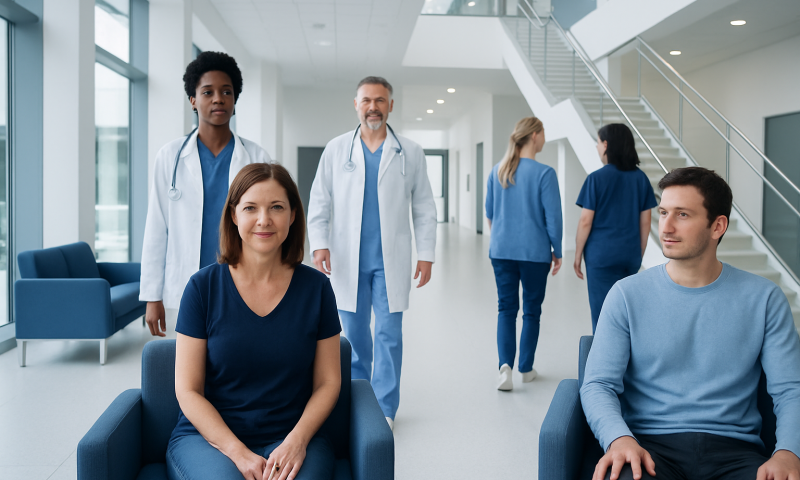 Medical team with patients in a modern hospital lobby.