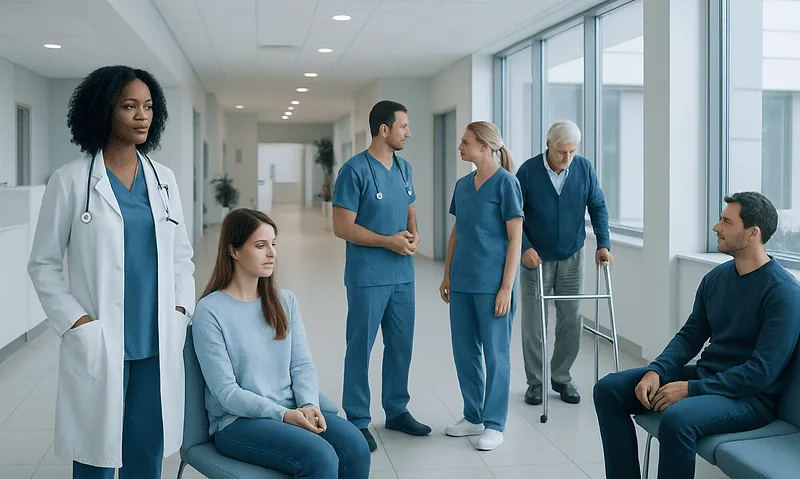 Medical team consulting with a patient in a hospital corridor.