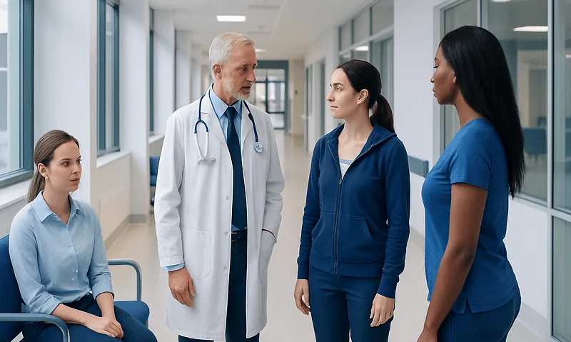 Doctor consulting with three female patients in hospital corridor.
