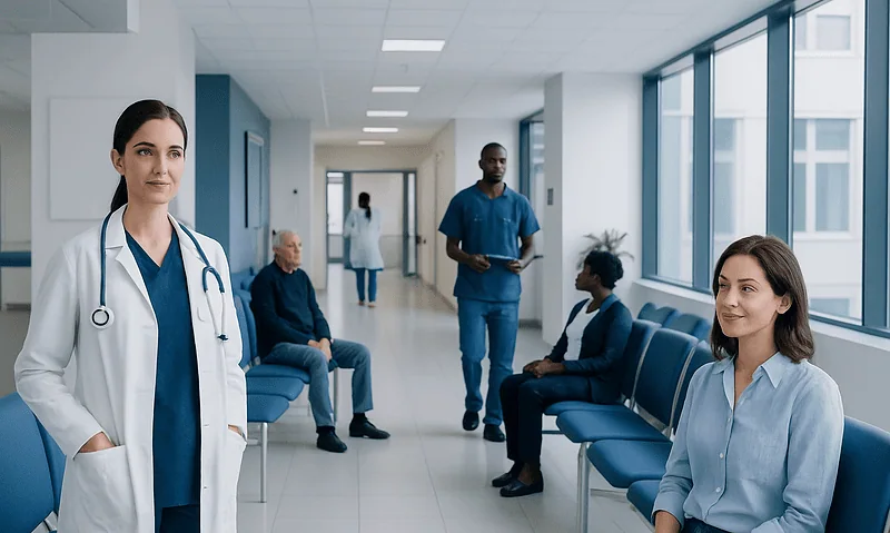 Healthcare professionals and patients in a modern hospital corridor.