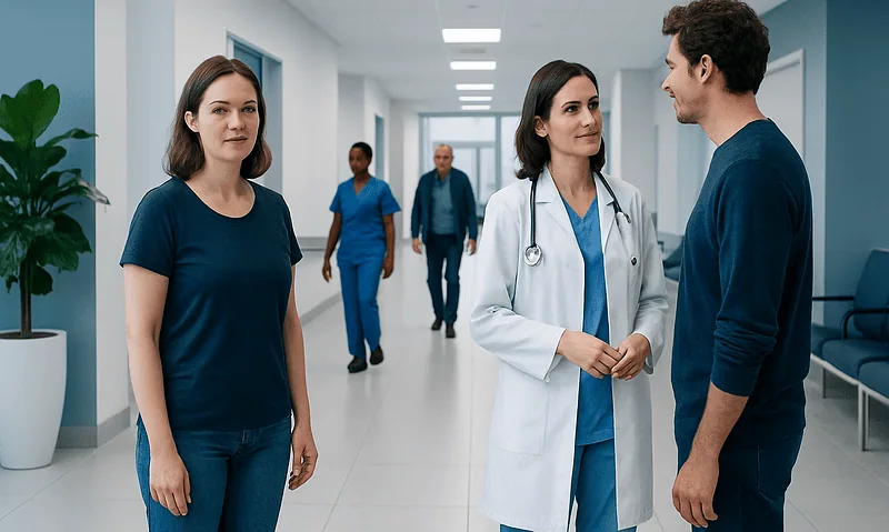 Medical professionals and patient in hospital corridor at Acibadem Hospitals Group.