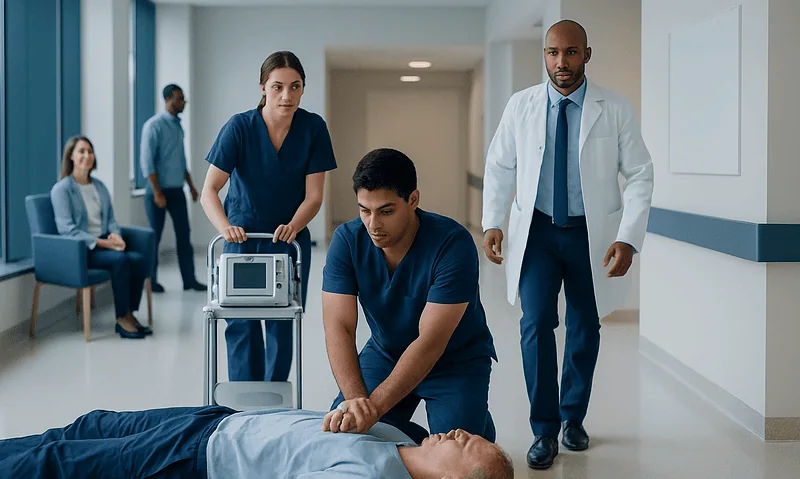 Medical team attending to patient in hospital corridor with visitors in background.