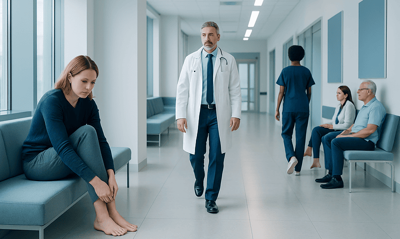 Young woman with cold feet waiting in hospital corridor.