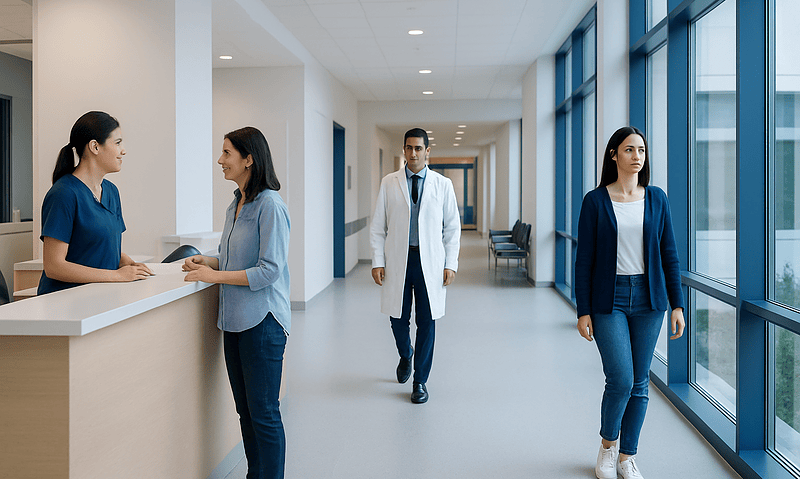 Healthcare professionals and patient in a modern hospital corridor.