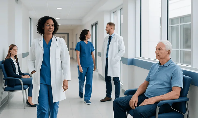 Medical team and patient in hospital corridor at Acibadem Hospitals Group.