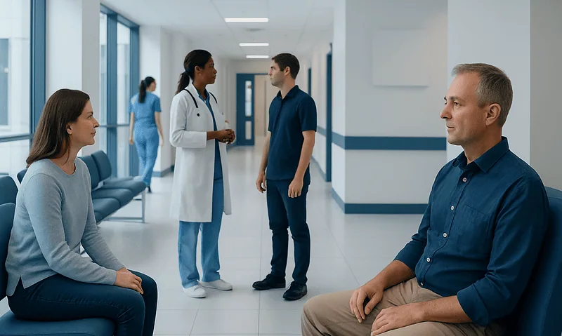 Patients and healthcare professionals in a hospital corridor.