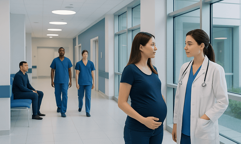 Pregnant woman consulting with a doctor in a hospital corridor.