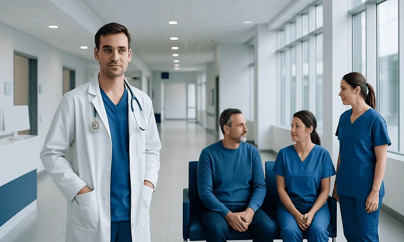 Medical team at Acibadem Hospital with patient in modern corridor.
