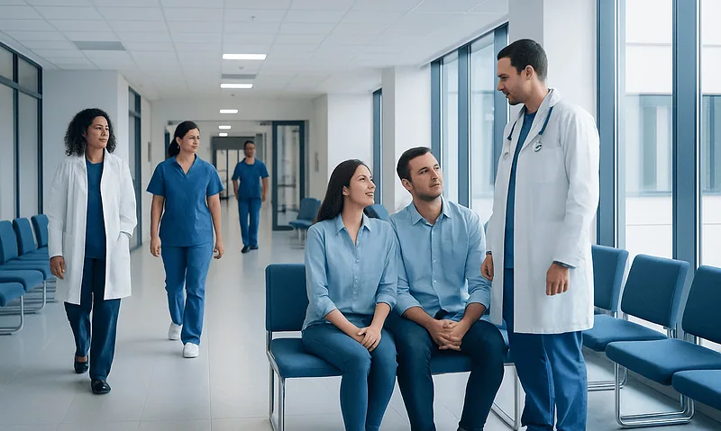 Medical team consulting patients in a modern hospital corridor.