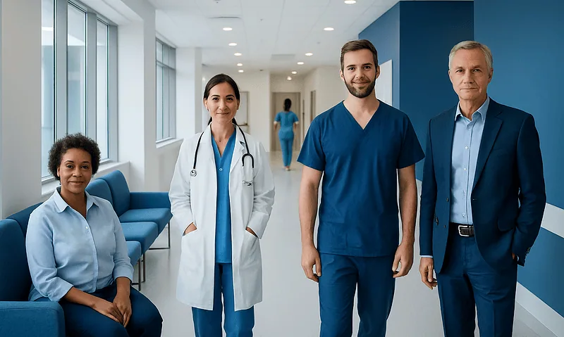 Diverse medical team in hospital corridor at Acibadem Hospitals Group.