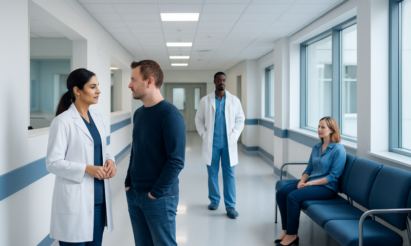 Medical professionals and patient in hospital corridor at Acibadem Hospitals Group.