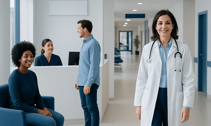 Smiling female doctor in hospital corridor with patients and staff.